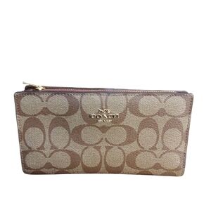 Coach Brown Signature Canvas Zip Wallet with Gold Hardware Very Clean